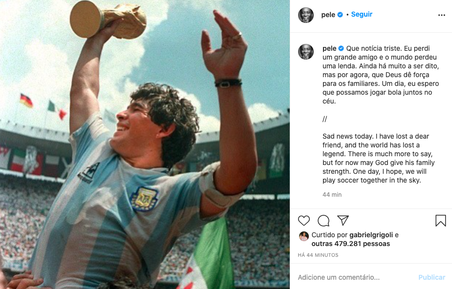 Pelé faz homenagem para Maradona nas redes sociais (Reprodução: Instagram) 