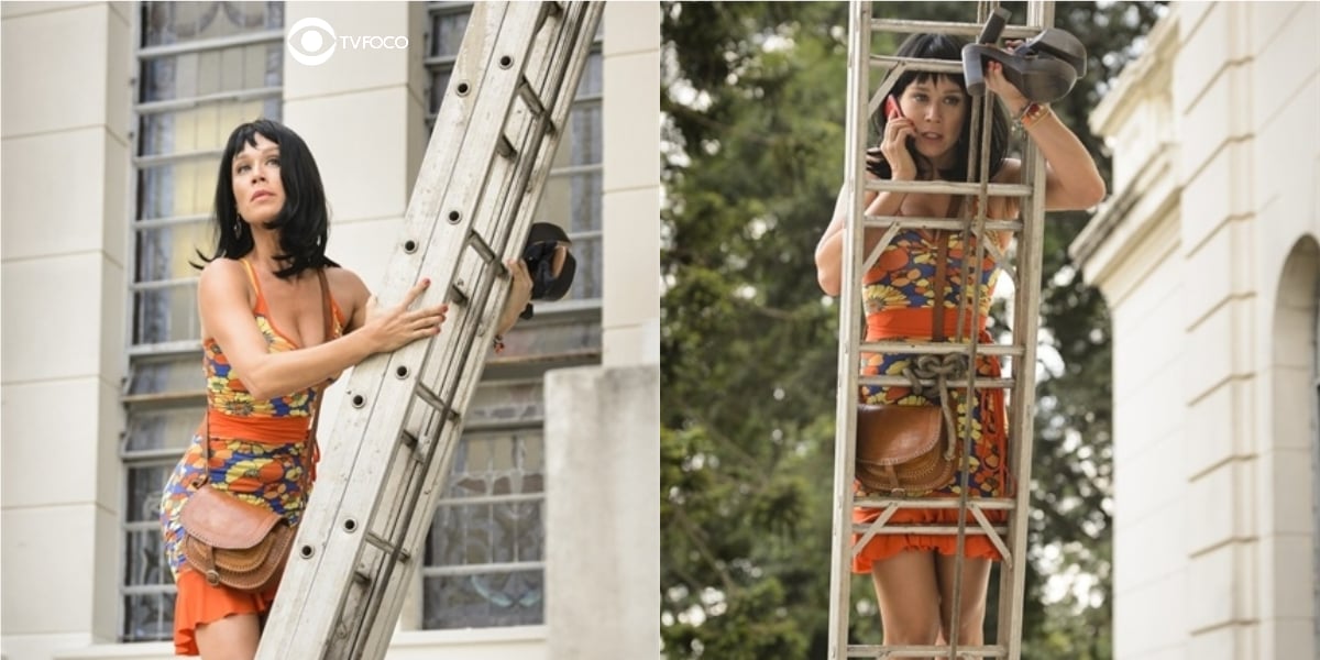 Fotomontagem de Tancinha em cima da escada em Haja Coração