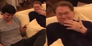 Fábio Faria imitou Silvio Santos em uma ligação com as irmãs do apresentador, fazendo o próprio cair na risada (Foto: Reprodução)