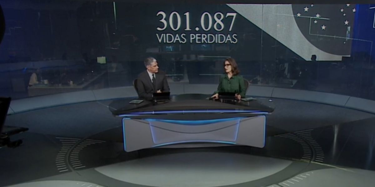 Renata Vasconcellos e William Bonner encerrando Jornal Nacional com novo recorde de mortes (Foto: Reprodução/Globo)