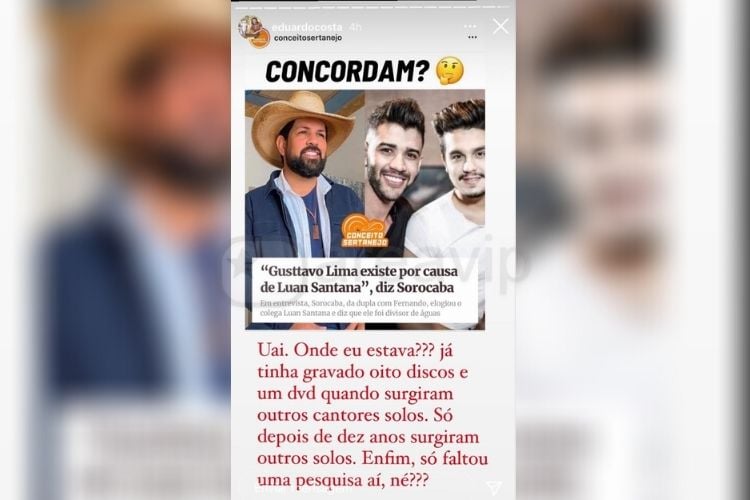 Eduardo Costa se revoltou com fala de Sorocaba envolvendo Luan Santana (Foto: Reprodução)