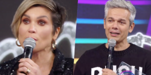 Flávia Alessandra e Otaviano Costa não conseguiram conter a emoção ao vivo no palco do Faustão (Foto reprodução)