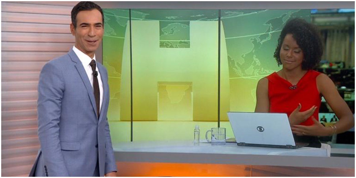 Maju Coutinho e César Tralli costumam trocar carinhos ao vivo na Globo (Foto: Reprodução)