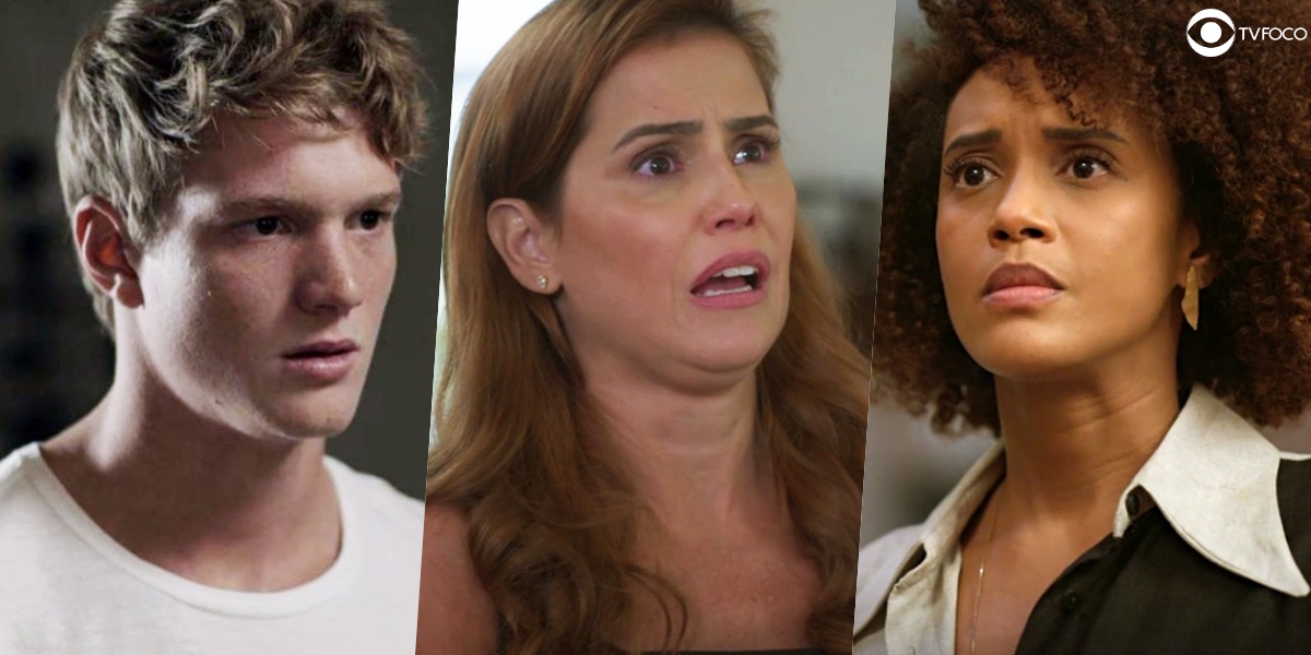 Fotomontagem de Pedro Novaes, Deborah Secco e Taís Araujo das novelas da Globo Malhação, Salve-se Quem Puder e Amor de Mãe