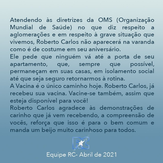 Roberto Carlos manda recado ao público (Reprodução) 