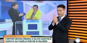 O apresentador Luiz Bacci afirmou que, antes de morrer, Agnaldo Timóteo teria pedido que Silvio Santos apoiasse sua filha adotiva juridicamente na disputa pela herança deixada (Foto: Reprodução / Record)