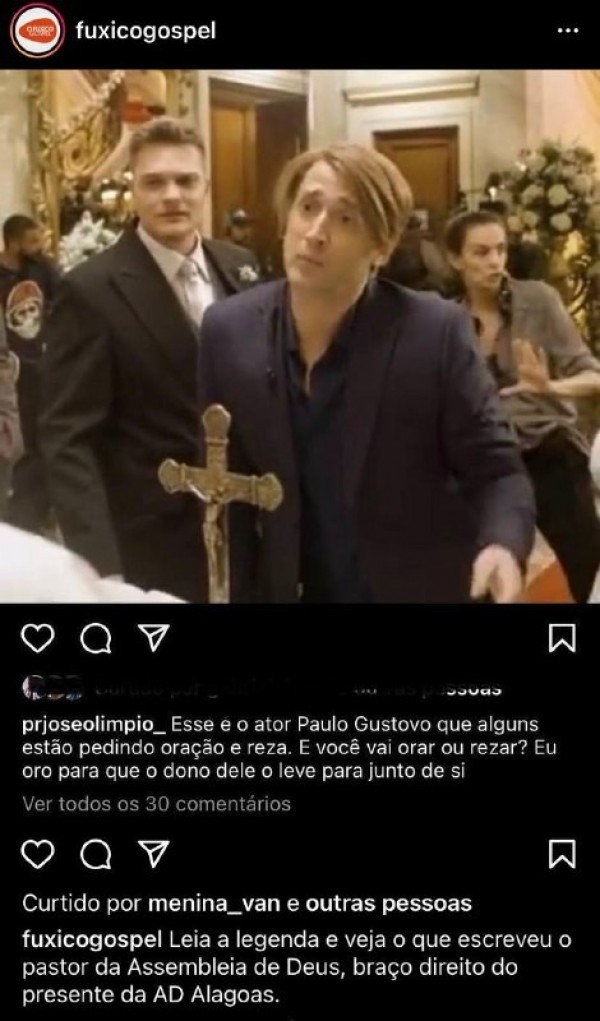 Publicação de pastor desejando a morte de Paulo Gustavo (Imagem: Reprodução)