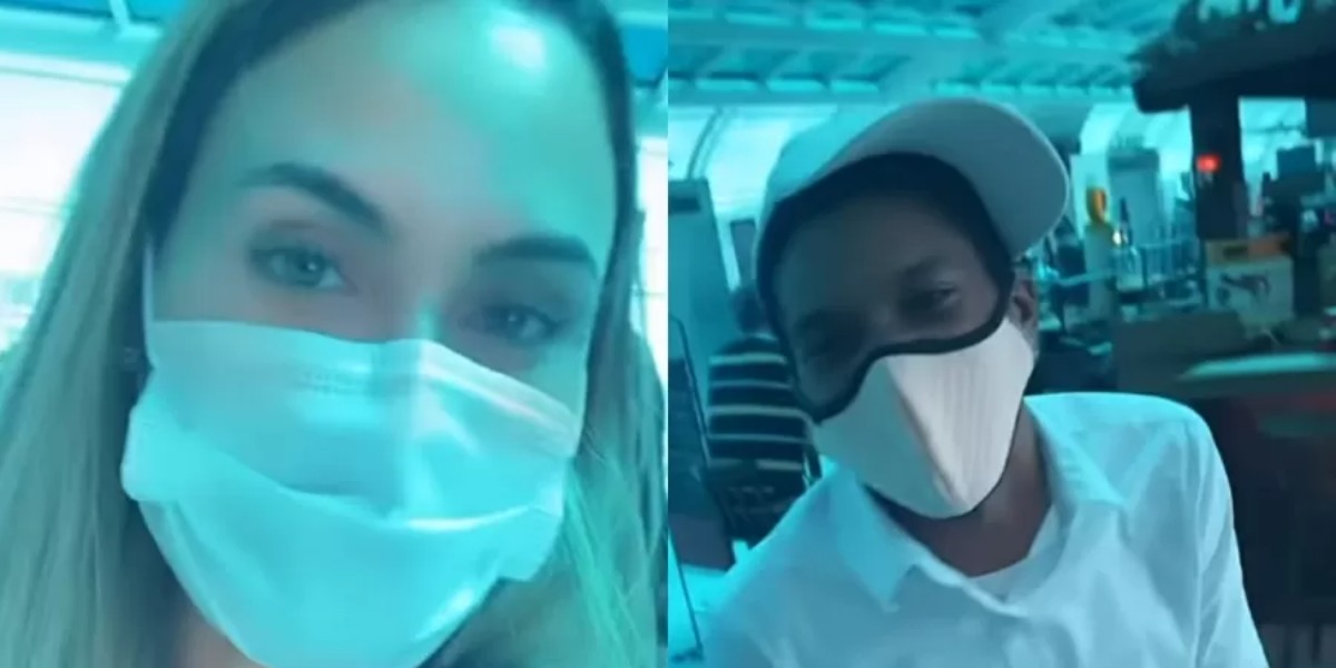 Fora do BBB21, Sarah e Lucas Penteado se encontram em avião (Foto: Reprodução)