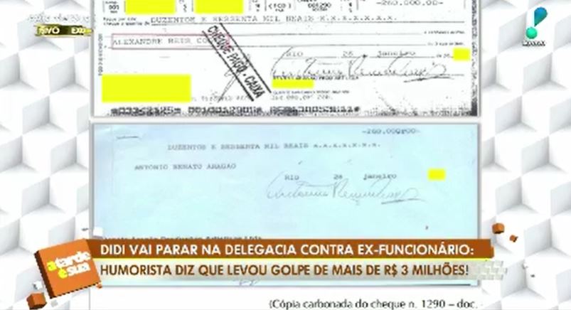 Exemplo de cheque fraudado por ex-funcionário de Renato Aragão (Foto: Reprodução/RedeTV!)