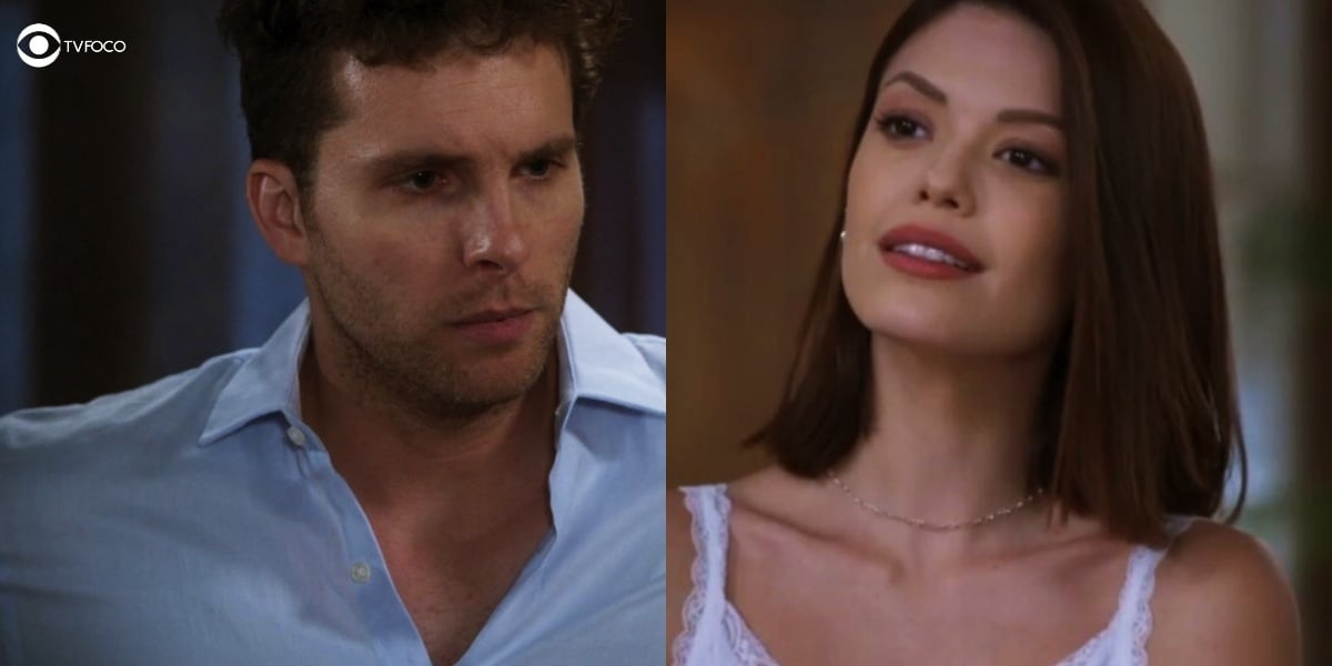 fotomontagem de alan e kyra da novela Salve-se quem puder, ele usa camisa social azul clara e ela blusa branca