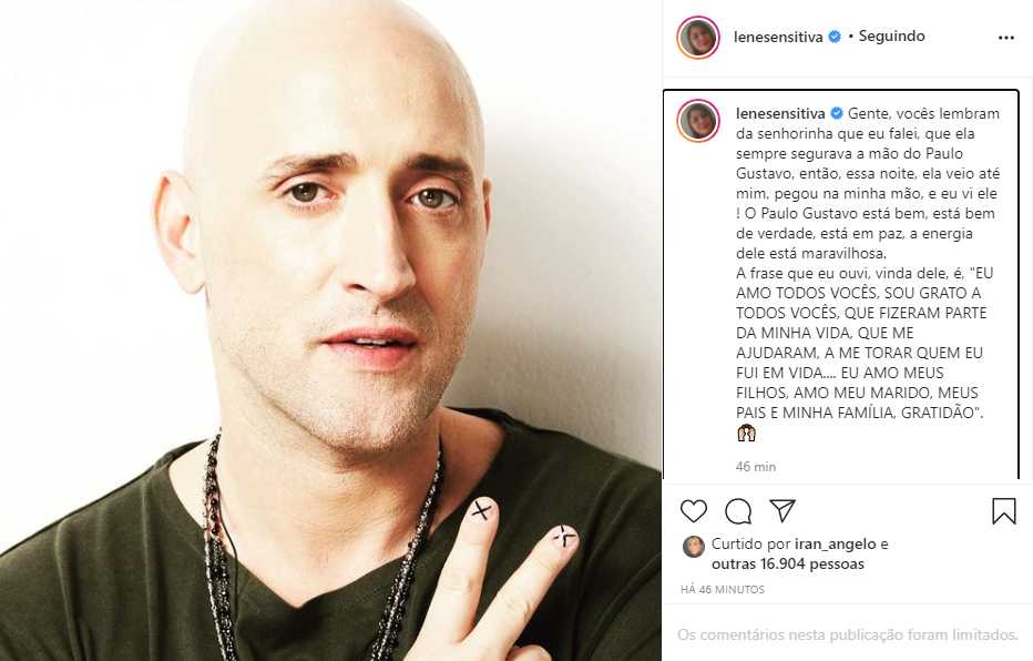 Lene Sensitiva disse que teve contato com Paulo Gustavo e relatou mensagem do ator (Foto: Reprodução/ Instagram)