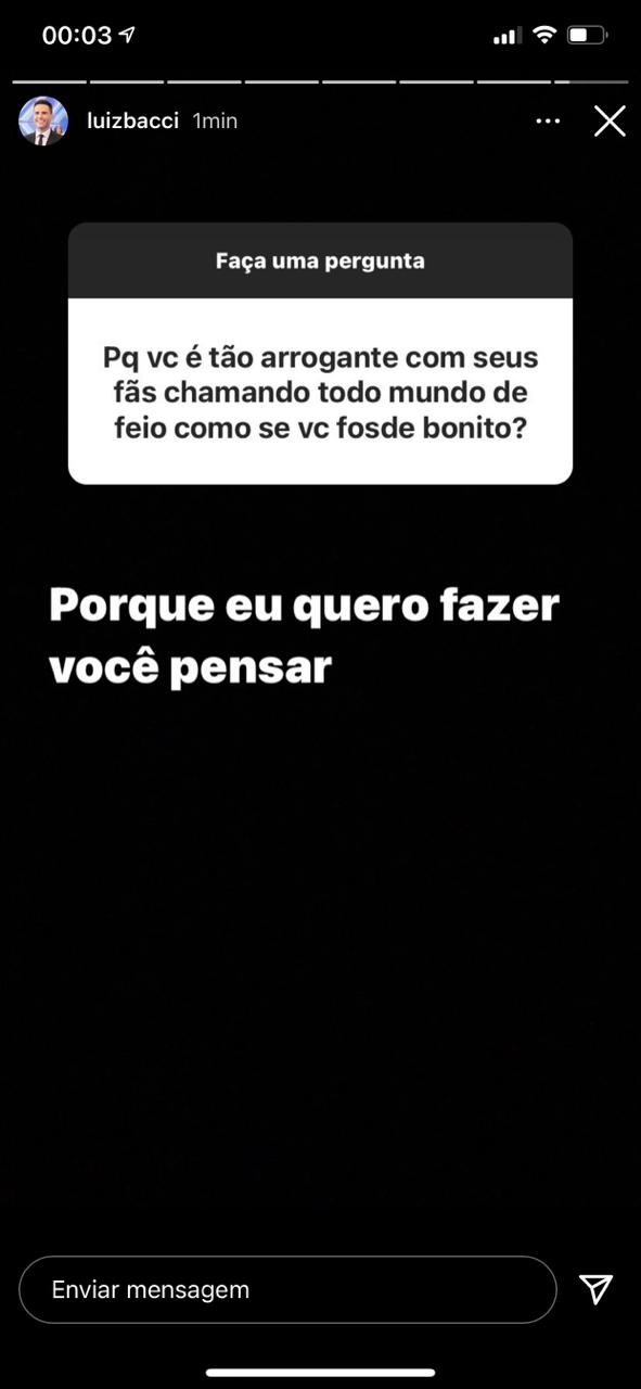 Luiz Bacci foi metralhado por moça em seu Instagram (Reprodução)