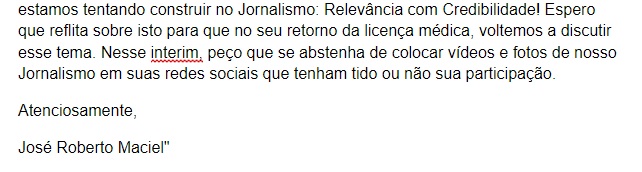 E-mail de José Roberto Maciel para Rachel Sheherazade (Foto: Montagem/TV Foco)