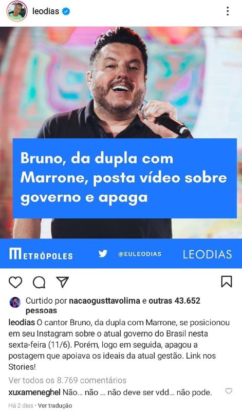 Bruno, do Marrone, foi apoiar Bolsonaro (Foto: Reprodução)