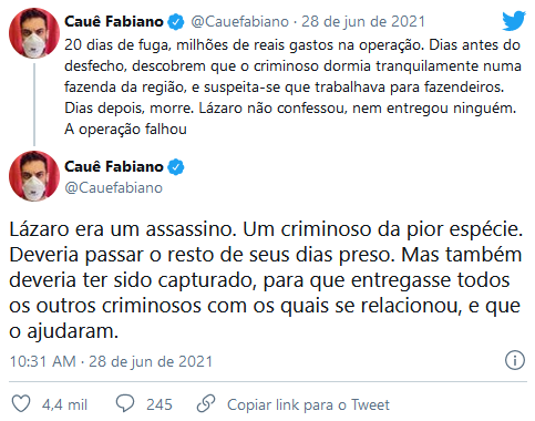 Publicação de Cauê Fabiano (Imagem: Reprodução)