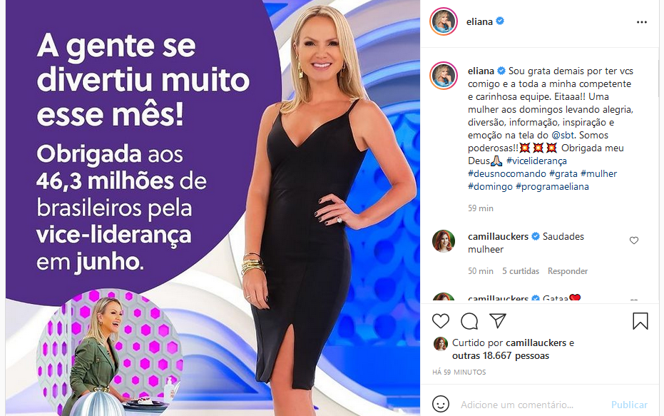 Eliana comemorou pela vice-liderança no mês de junho (Imagem: Reprodução)