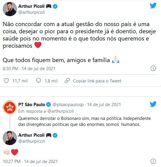 Arthur Picoli recebeu apoio do SBT ao criticar mensagens de ódio contra Bolsonaro (Imagem: Reprodução)