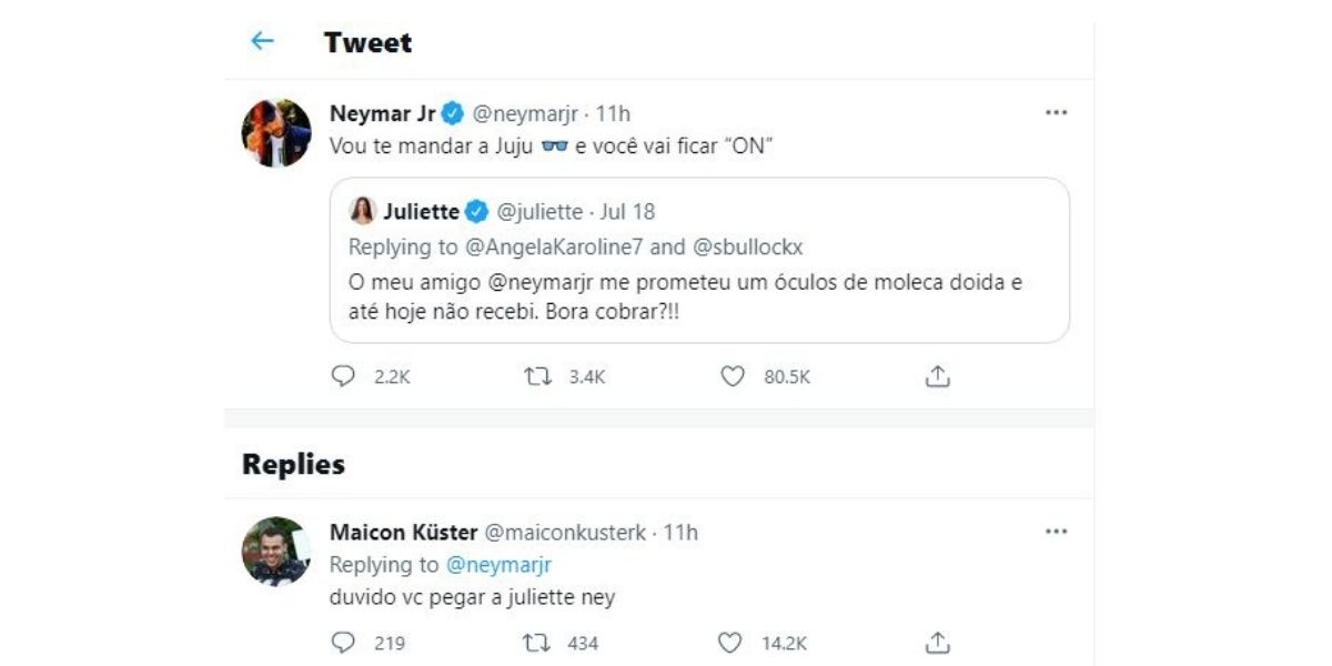 Juliette e Neymar Jr. tem conversa exposta nas redes sociais (Reprodução)