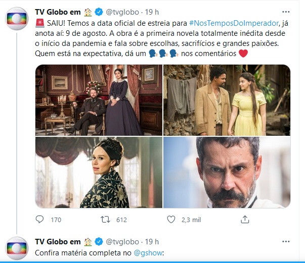 Publicação da Globo sobre estreia de Nos Tempos do Imperador (Imagem: Reprodução)