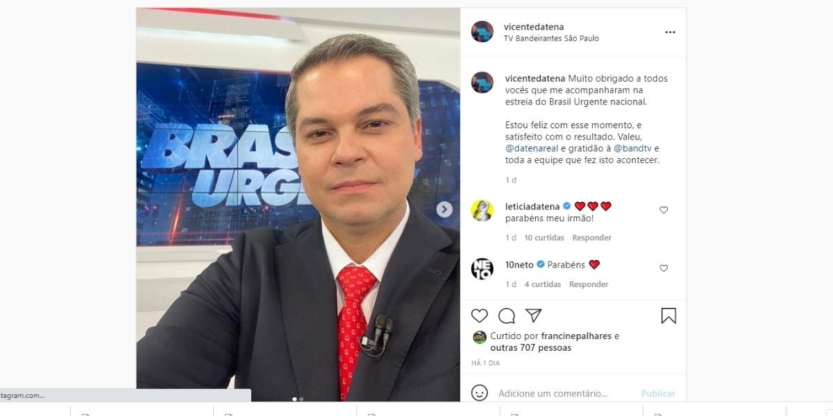 Vicente Datena estreia em Brasil Urgente na Band e agradece carinho dos telespectadores (Reprodução)