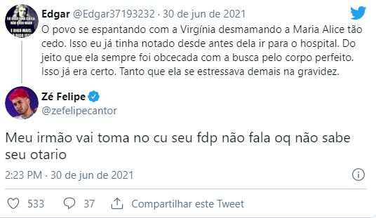 Zé Felipe rebate critica sobre sua família (Reprodução)