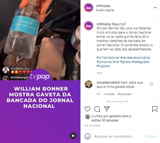 Renata Vasconcellos mostrou álcool gel para William Bonner (Foto: Reprodução/Instagram/TV Pop)