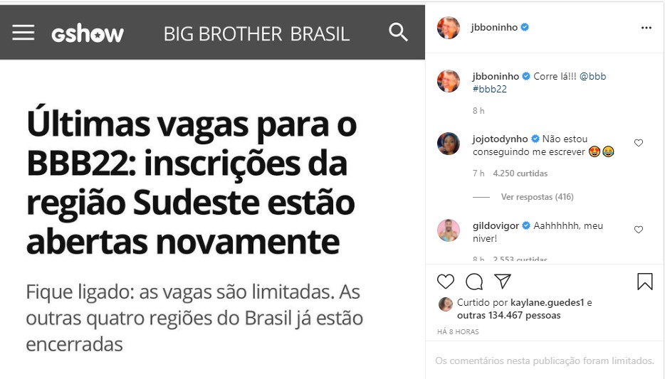 Boninho anuncia últimas vagas para o BBB22 (Foto: Reprodução)