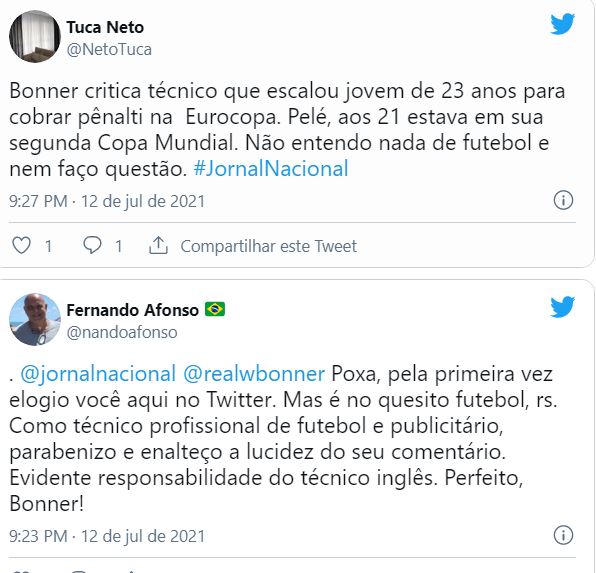 Reações de internautas ao verem posicionamento de William Bonner (Reprodução)