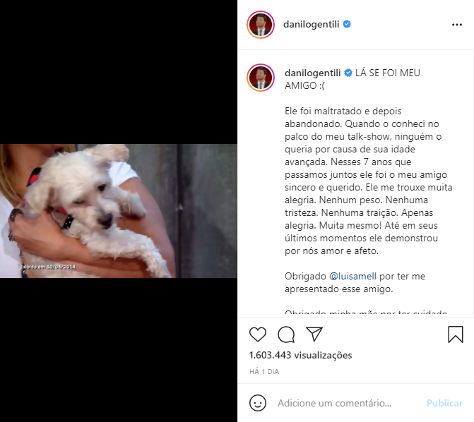 Danilo Gentili lamentou a morte de seu cachorrinho de estimação (Foto: Reprodução)