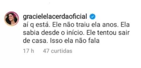 Graciele Lacerda disse que Zilu sempre soube e aceitou traição no passado (Foto: Reprodução)