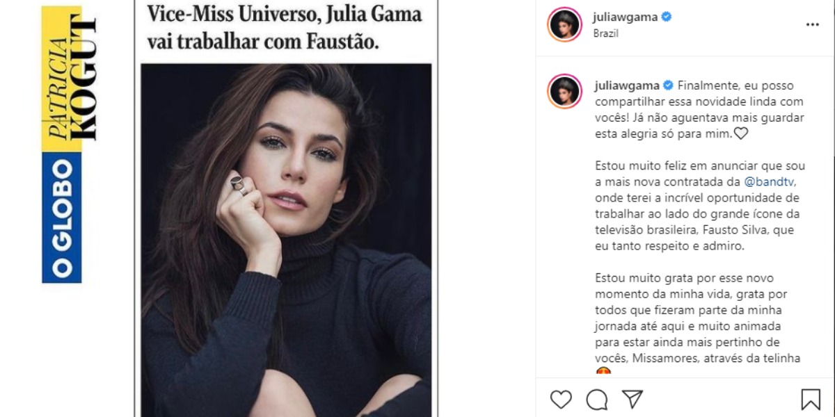 Júlia Gama irá trabalhar com Faustão (Foto: Reprodução)