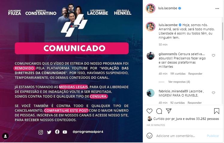 "Programa 4 Por 4", de Luís Ernesto Lacombe", foi derrubado do YouTube (Foto: Reprodução/Instagram)