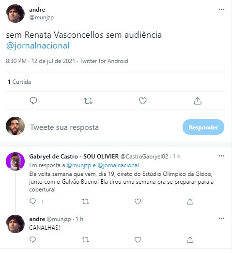 Internauta se 'revoltou' com preparação de Renata Vasconcellos para as Olimpíadas (Foto: Reprodução/Twitter)