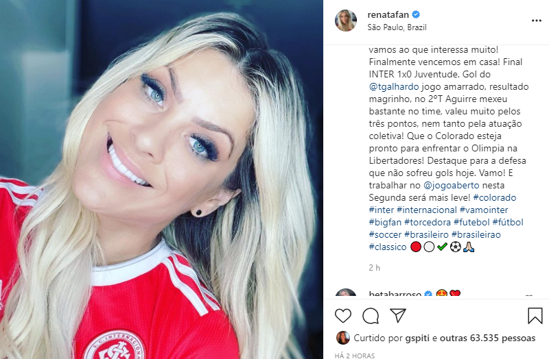 Renata Fan celebrou a vitória do Internacional no Brasileirão (Foto: Reprodução)