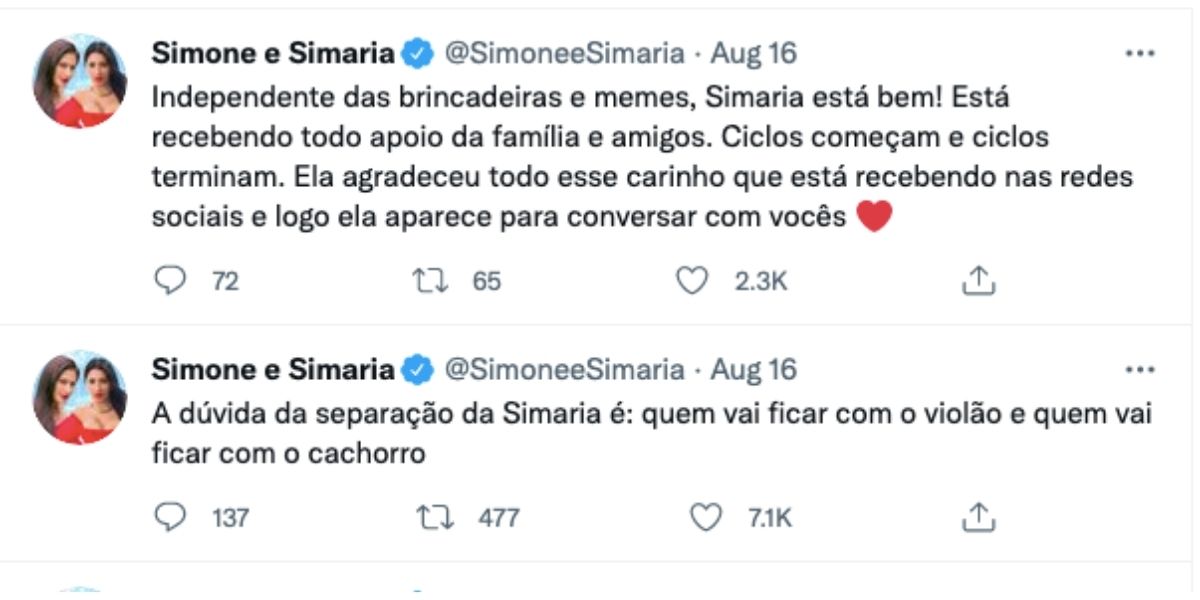 Perfil de Simone e Simaria responde ataques (Reprodução) 