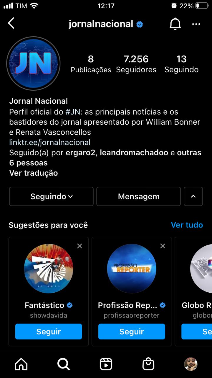 O "Jornal Nacional" ganhou um perfil oficial nas redes sociais com revelações de William Bonner e Renata Vasconcellos (Foto: Reprodução/Instagram)