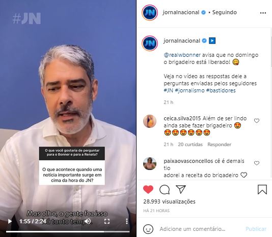 William Bonner na página do "Jornal Nacional" nas redes sociais (Foto: Reprodução/Instagram)