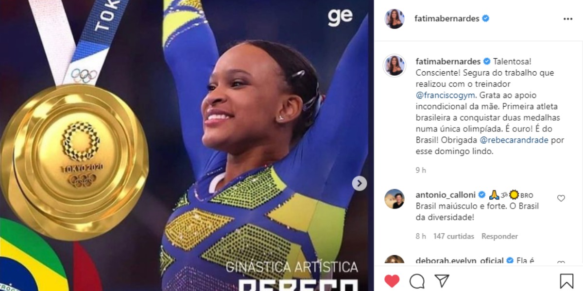 No Instagram, Fátima Bernardes exatou Rebeca Andrade, pelo ouro olímpico (Foto: Reprodução)