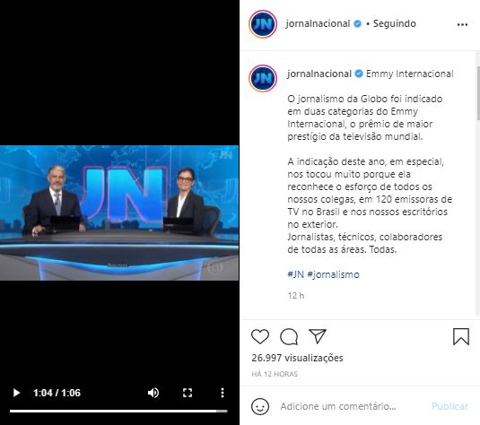 Página do "Jornal Nacional" nas redes sociais reproduziu discurso de William Bonner e Renata Vasconcellos (Foto: Reprodução/Instagram)