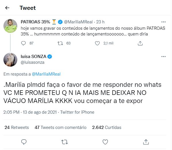 Marília Mendonça ignorou a mensagem de Luísa Sonza (Foto: Reprodução)