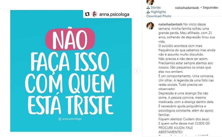 Natasha Dantas, esposa de William Bonner, lamentou morte do afilhado (Foto: Reprodução/Instagram)