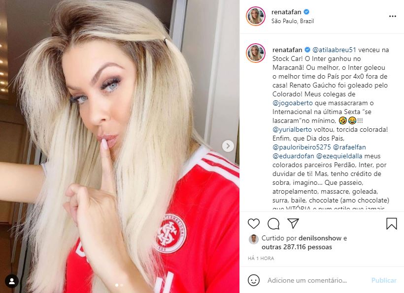 Renata Fan celebrou a vitória do Internacional e provocou colegas (Foto: Reprodução)