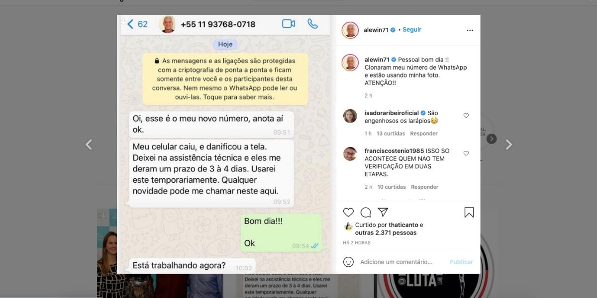 De acordo com marido de Ana Hickmann, seu WhatsApp foi clonado (Reprodução)