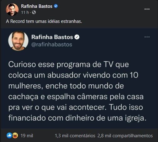 Publicação de Rafinha Bastos (Imagem: Reprodução)