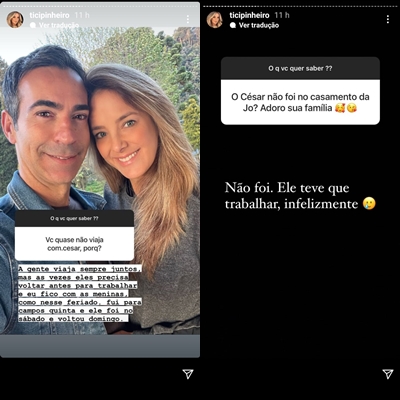 Ticiane Pinheiro falou sobre a distãncia de Tralli no Instagram