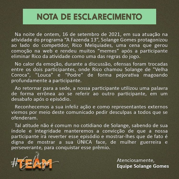 Assessoria de Solange faz nota sobre fala homofóbica (Reproducão)