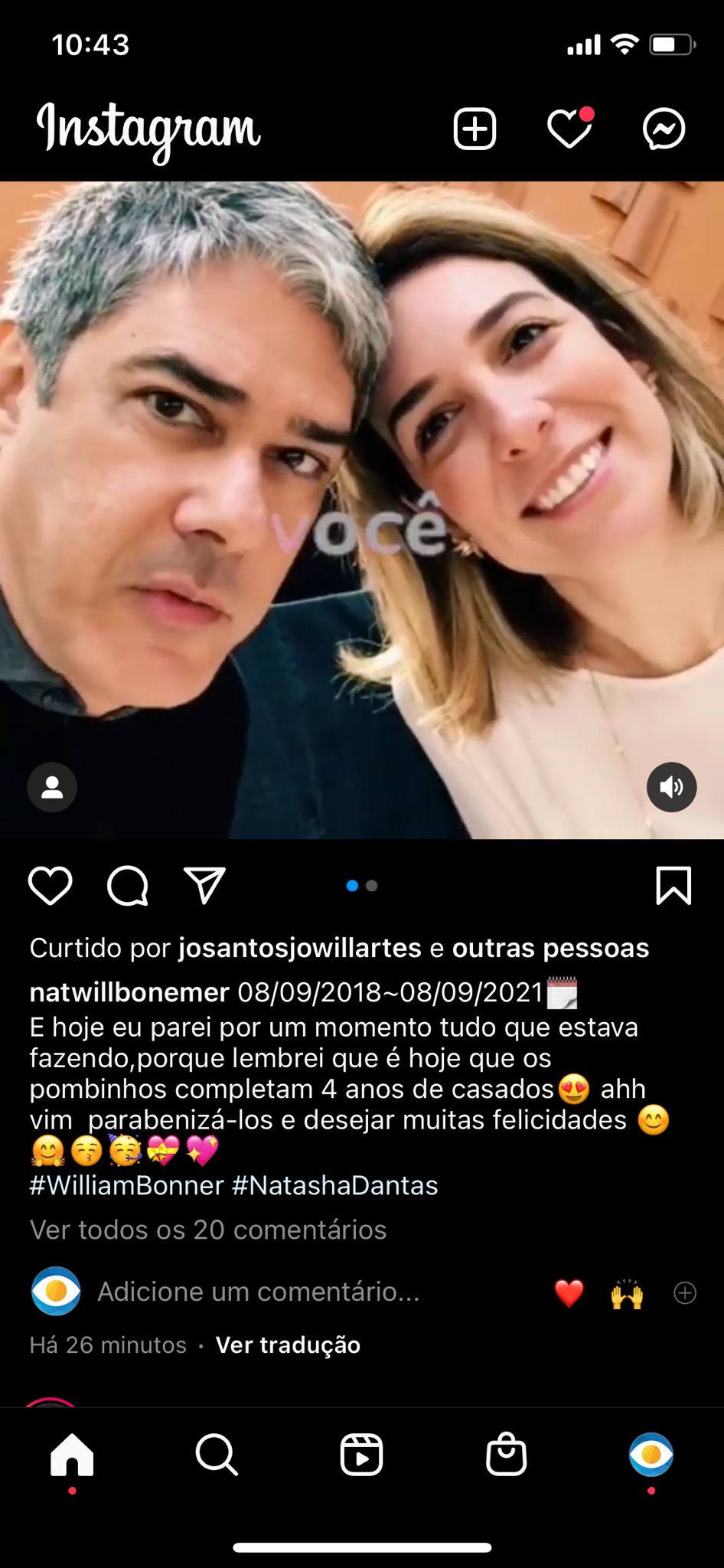 William Bonner e Natasha Dantas celebram 4 anos de casados (Reprodução)