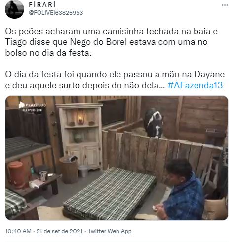 Peões acusaram Nego do Borel de levar camisinha para a baia em "A Fazenda 13" (Foto: Reprodução/Twitter)