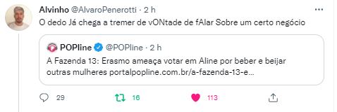 Erasmo Viana revoltou ao fazer insinuações sobre Aline Mineiro em "A Fazenda 13" (Foto: Reprodução/Twitter)