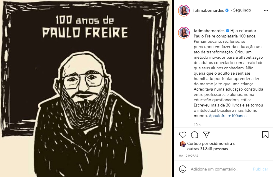 Fátima Bernardes fez homenagem para Paulo Freire (Foto: Reprodução)